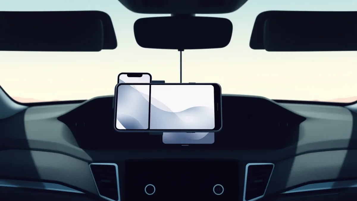 Illustration: A smartphone rests on a car dashboard mount, its screen displaying a blank interface with soft abstract shapes.