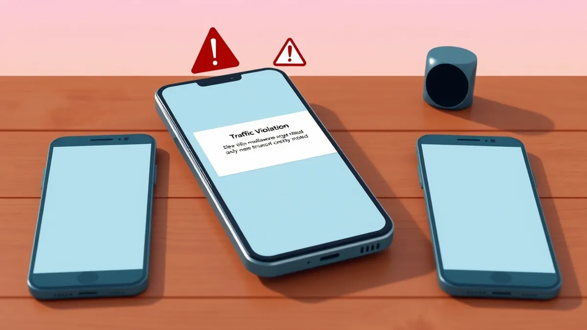 Illustration: A smartphone rests on a wooden table, its screen displaying a blank notification that mimics a traffic violation alert.