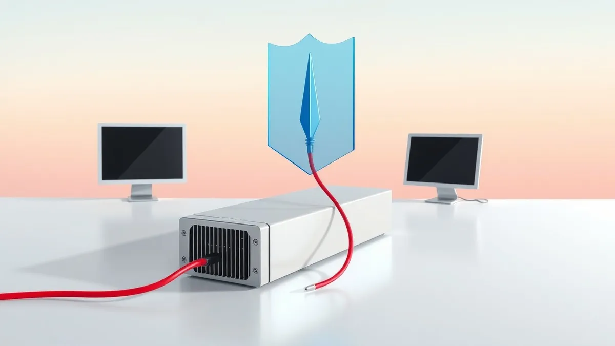 Illustration: A sleek, silver server blade sits on a clean white desk.