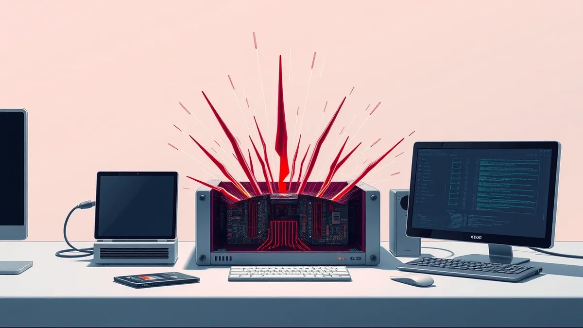 Illustration: A sleek, metallic workflow automation box sits cracked open on a sterile desk.