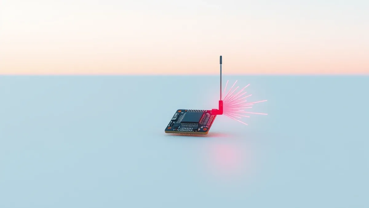 Illustration: A tiny circuit board with a single antenna sits on a clean white surface.