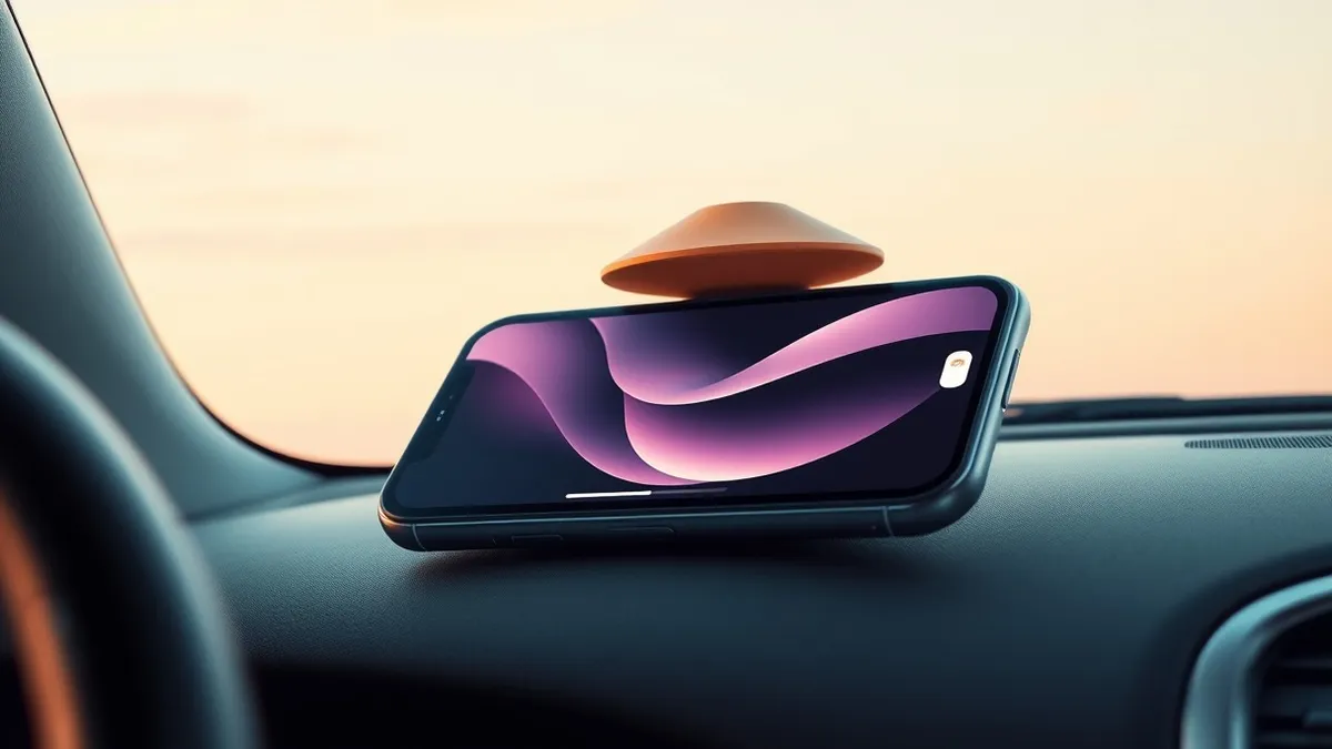 Illustration: An iPhone rests on a car dashboard, its screen displaying a sleek interface with prominent abstract shapes.