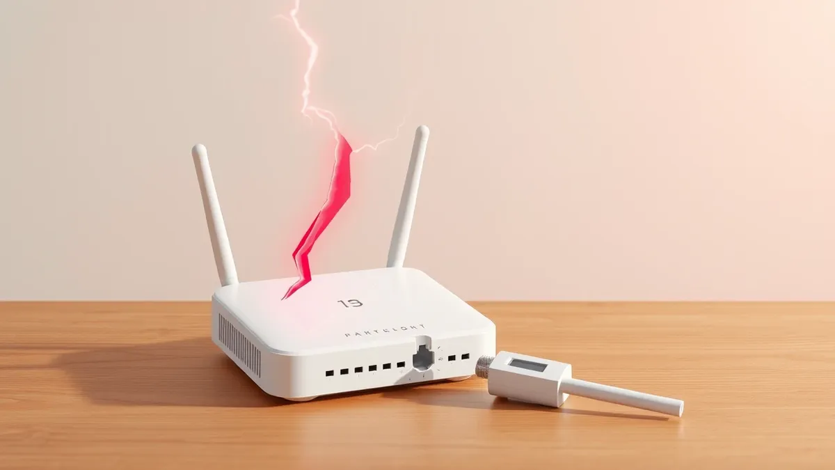 Illustration: A small white wireless router sits on a wooden desk.