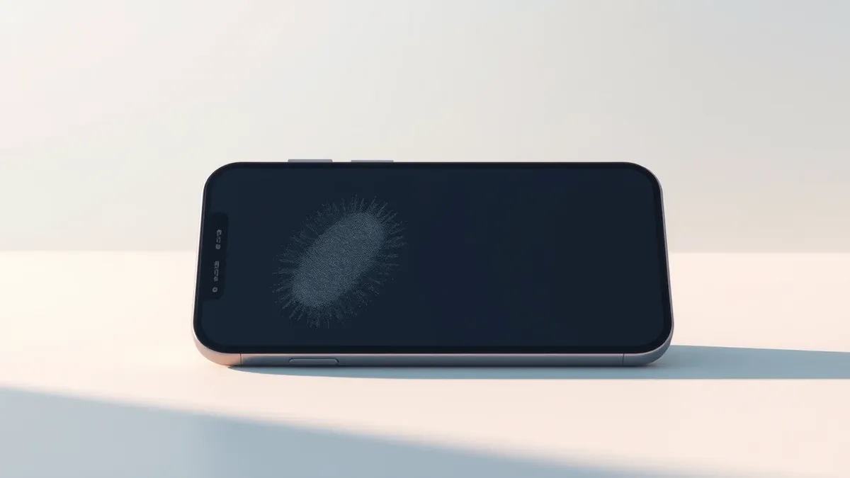 Illustration: A smartphone rests on a flat surface with a faint smudge on its rear camera lens.