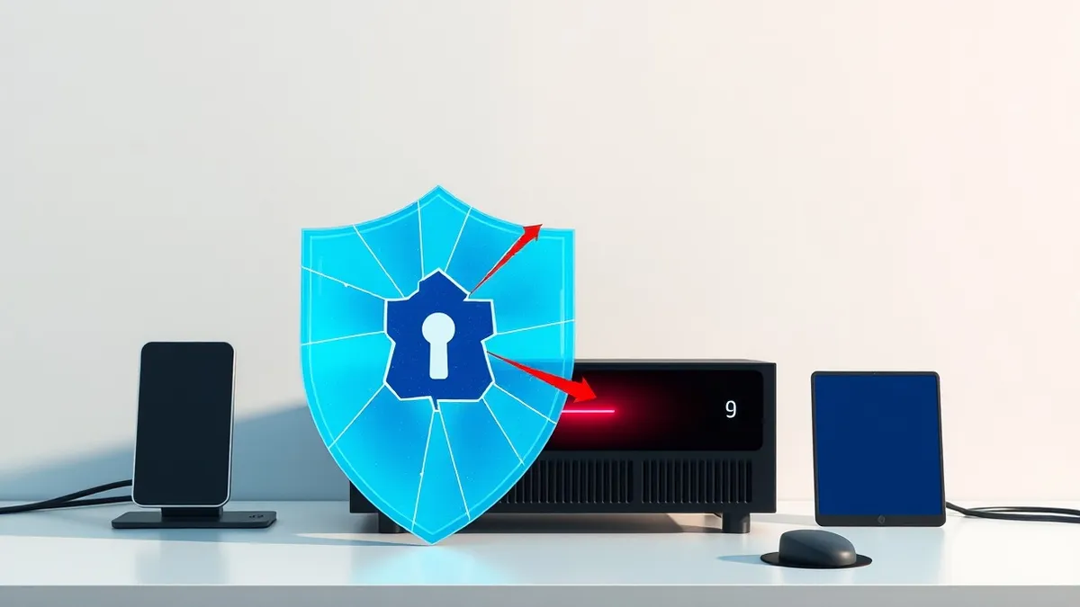 Illustration: A sleek black security appliance sits on a desk with a cracked blue digital shield overlaying its front panel.