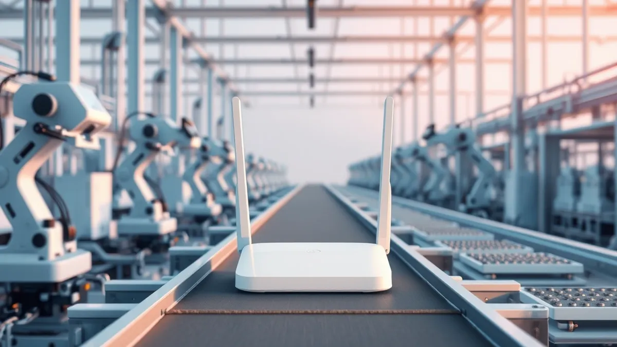 Illustration: A white Wi-Fi router sits on a factory assembly line in a bright industrial workshop.