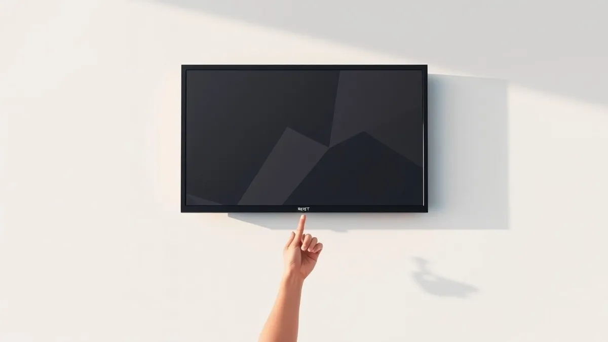Illustration: A sleek black television screen hangs on a white wall, its surface displaying only soft, abstract geometric shapes.