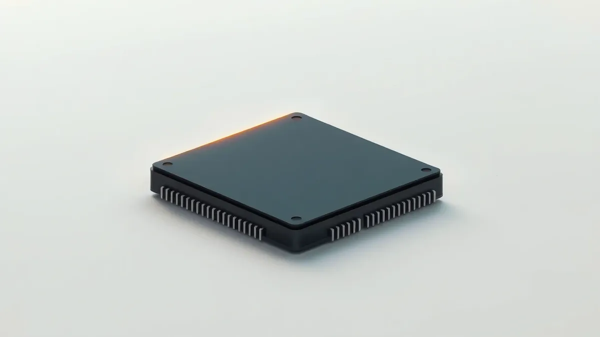 Illustration: A sleek black computer chip rests on a white surface.