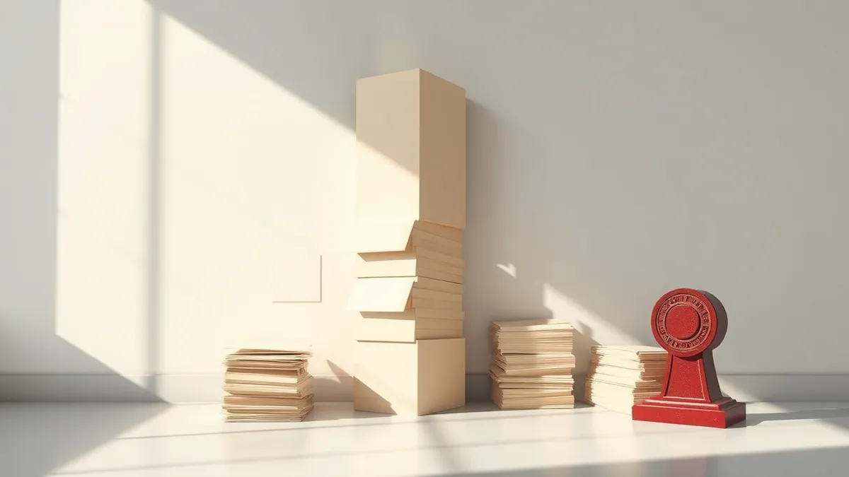 Illustration: A towering stack of blank, beige immigration forms leans against a sterile office wall, casting a sharp shadow on the floor.