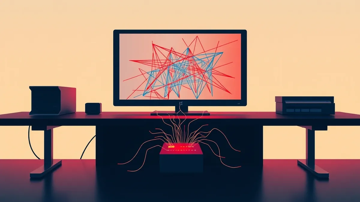 Illustration: A sleek computer terminal sits on a dark desk, its screen displaying tangled, abstract geometric shapes in sharp red and blue hues.