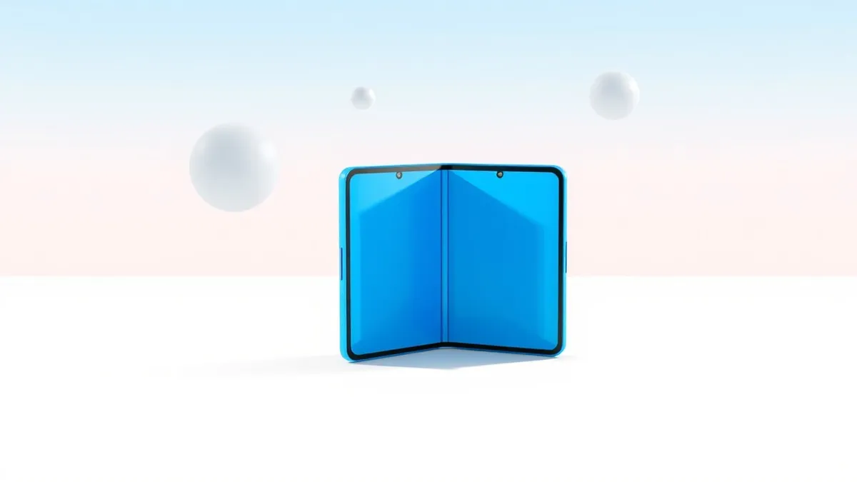 Illustration: A sleek blue foldable smartphone rests on a clean white surface, its hinge partially open to reveal the inner screen.