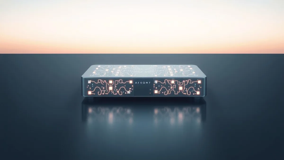 Illustration: A sleek metallic device with abstract glowing nodes pulses softly on a dark surface, its surface reflecting subtle light patterns that suggest complex data processing