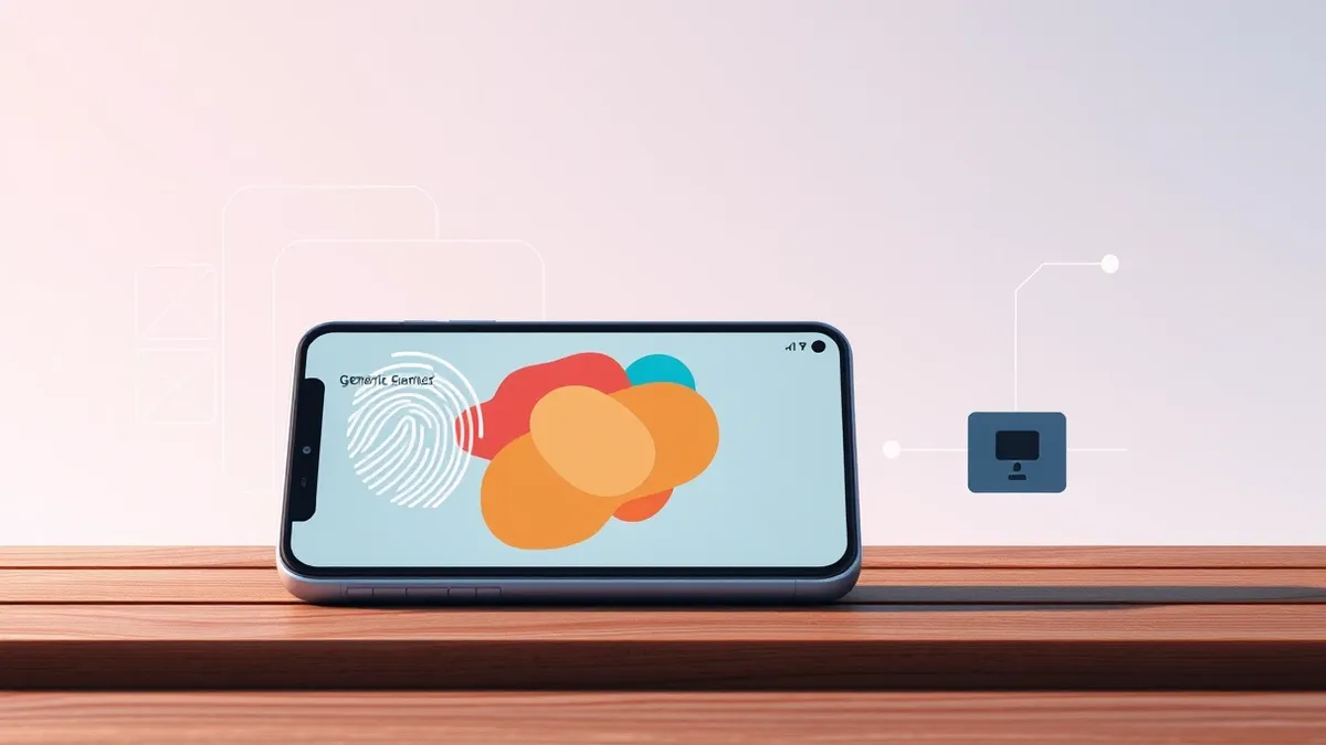 Illustration: A smartphone rests on a wooden table, its screen displaying a generic advertisement with abstract colorful shapes.