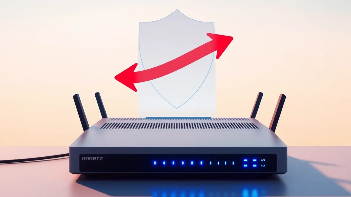 Illustration: A network router sits on a plain desk.
