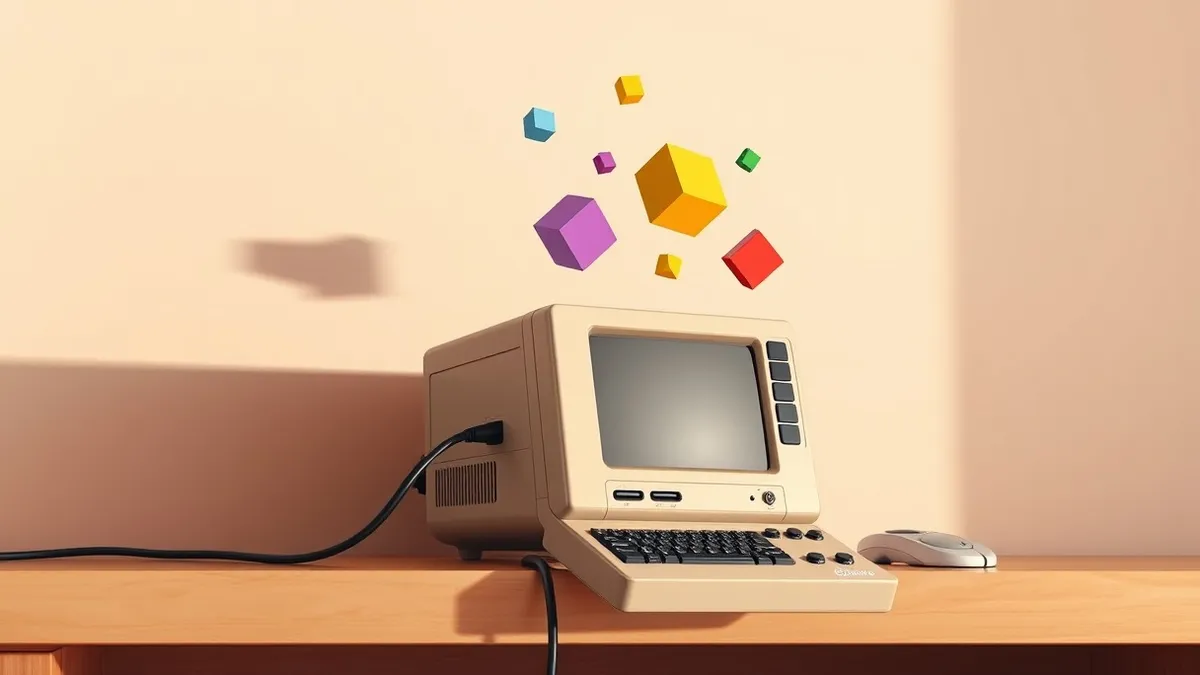 Illustration: A retro beige gaming console sits on a wooden shelf with a black HDMI cable plugged into its side.