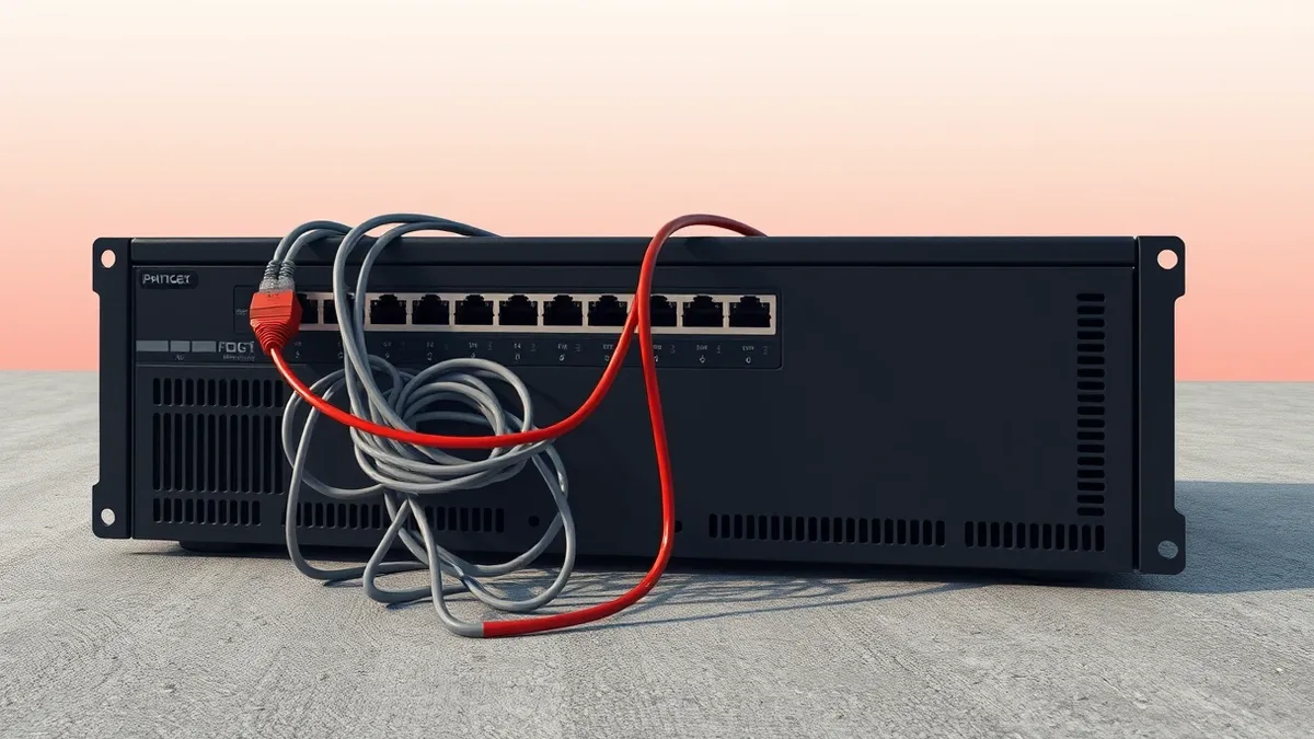 Illustration: A black network switch with tangled ethernet cables sits on a dusty gray floor.