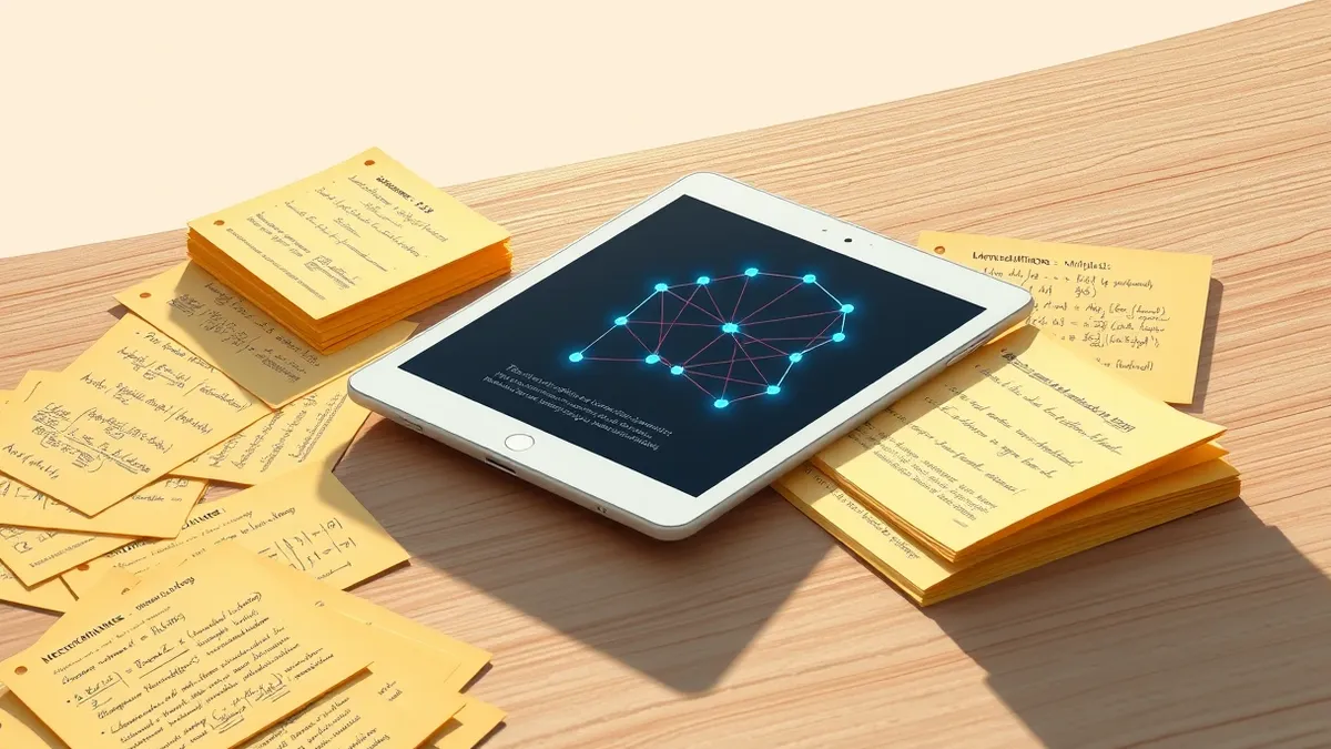 Illustration: A sleek white tablet rests on a clean wooden desk beside a scattered stack of yellow legal pads covered in dense mathematical formulas.