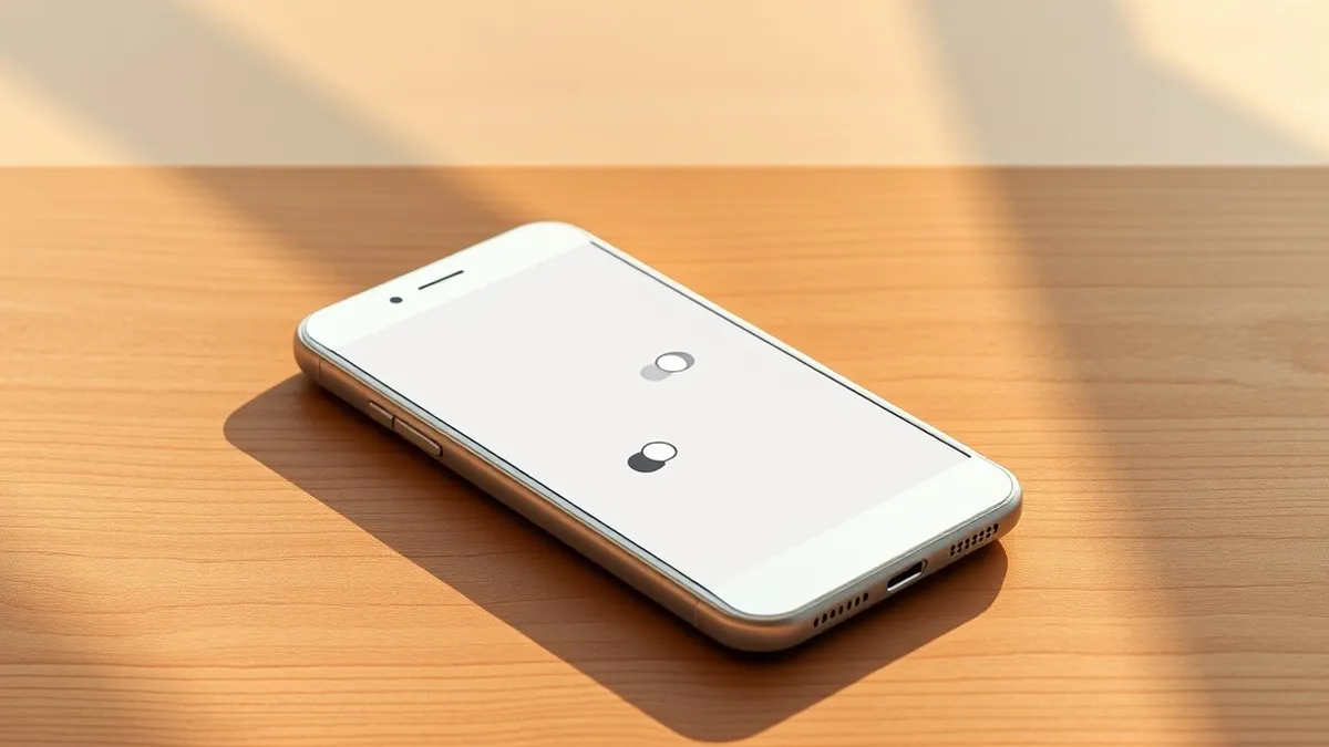 Illustration: A white smartphone rests on a wooden table with a blank screen displaying simple gray toggle switches.