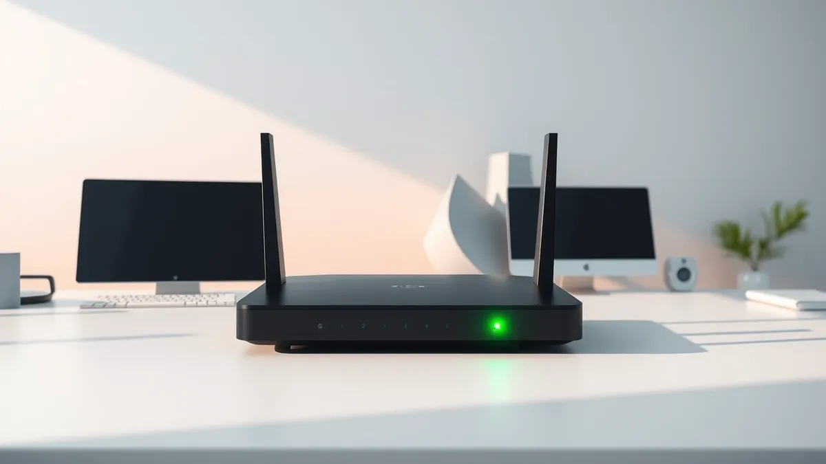 Illustration: A sleek black router sits on a clean white desk, its single green LED blinking rapidly to indicate high-speed data flow.