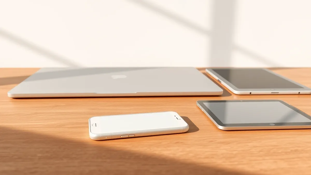 Illustration: A sleek white smartphone rests on a minimalist wooden desk beside a silver laptop and a thin tablet.