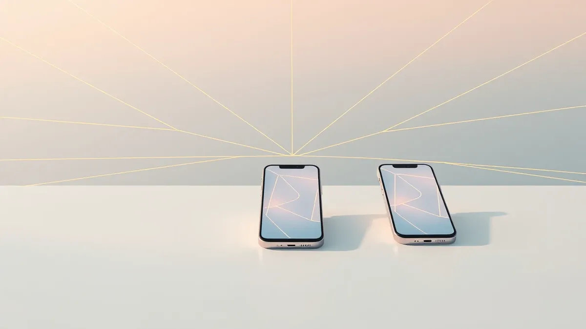 Illustration: A sleek white desk holds three smartphones arranged in a cluster.