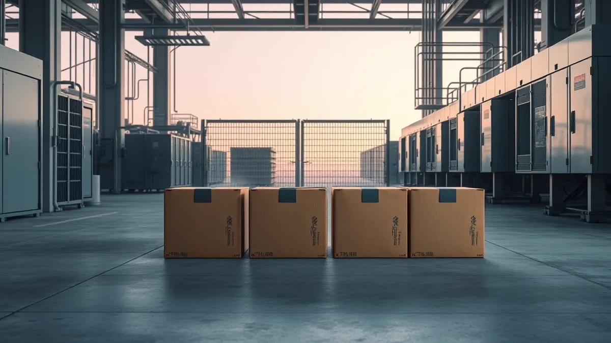 Illustration: A row of unopened cardboard boxes sits on a concrete factory floor near a closed metal gate.