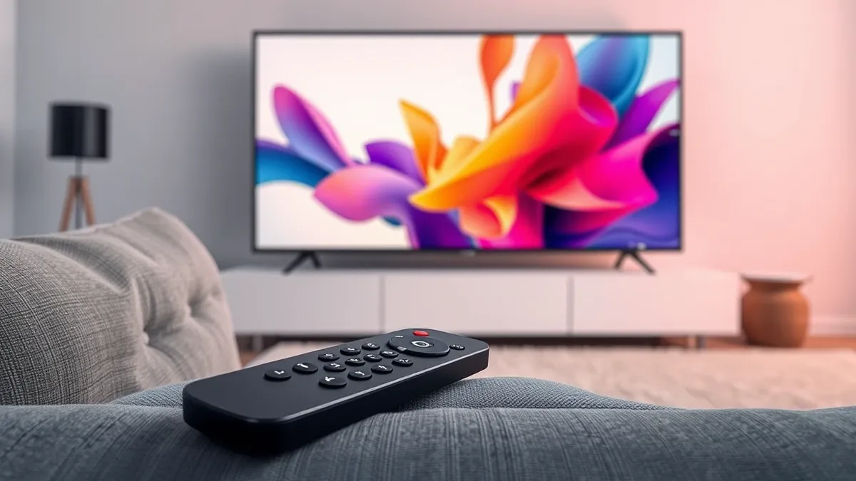 Illustration: A sleek black remote control rests on a textured grey sofa cushion, positioned in front of a large television displaying abstract colorful geometric shapes.