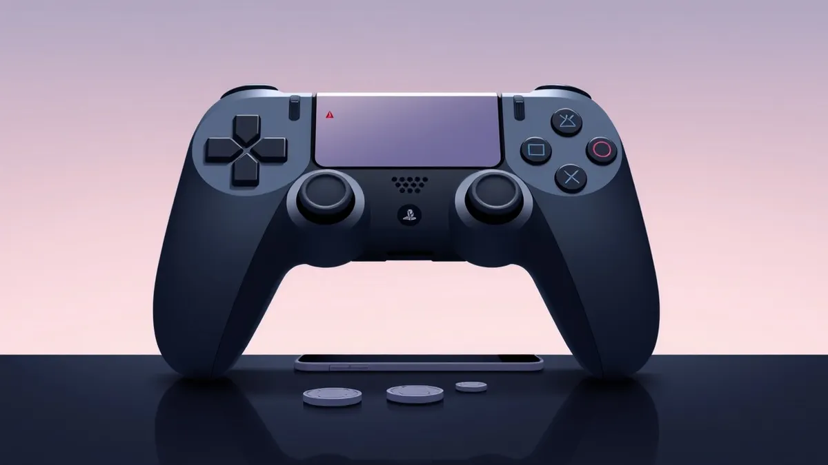 Illustration: A sleek console game controller rests on a dark table next to a blank smartphone.