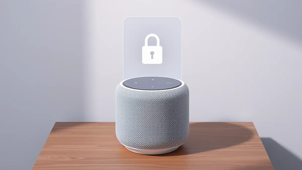 Illustration: A matte white cylindrical smart speaker rests on a wooden side table.