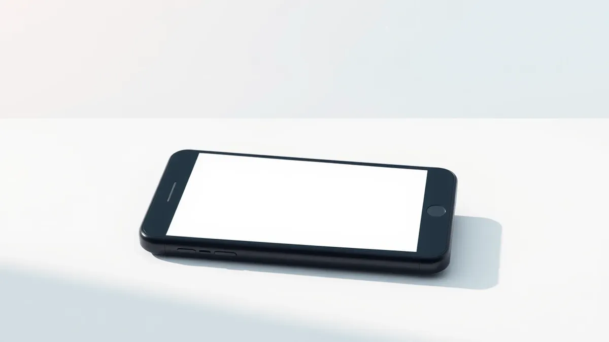 Illustration: A sleek black smartphone rests on a white desk, its screen displaying a blank white square with a subtle grey outline.