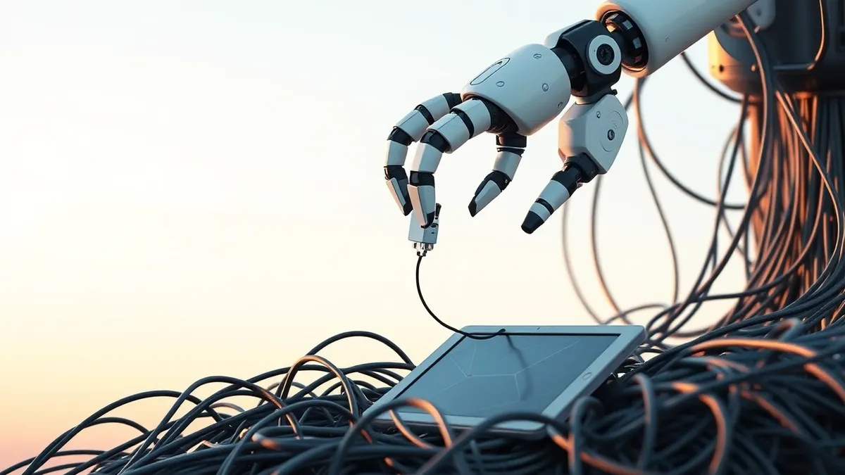 Illustration: A sleek autonomous robot arm extends into a tangled nest of digital cables, carefully untangling a frayed wire.