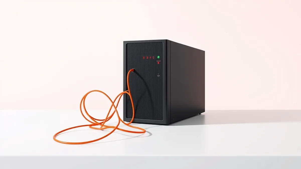 Illustration: A sleek black server unit sits isolated on a white desk, its front panel displaying three small abstract red warning lights.
