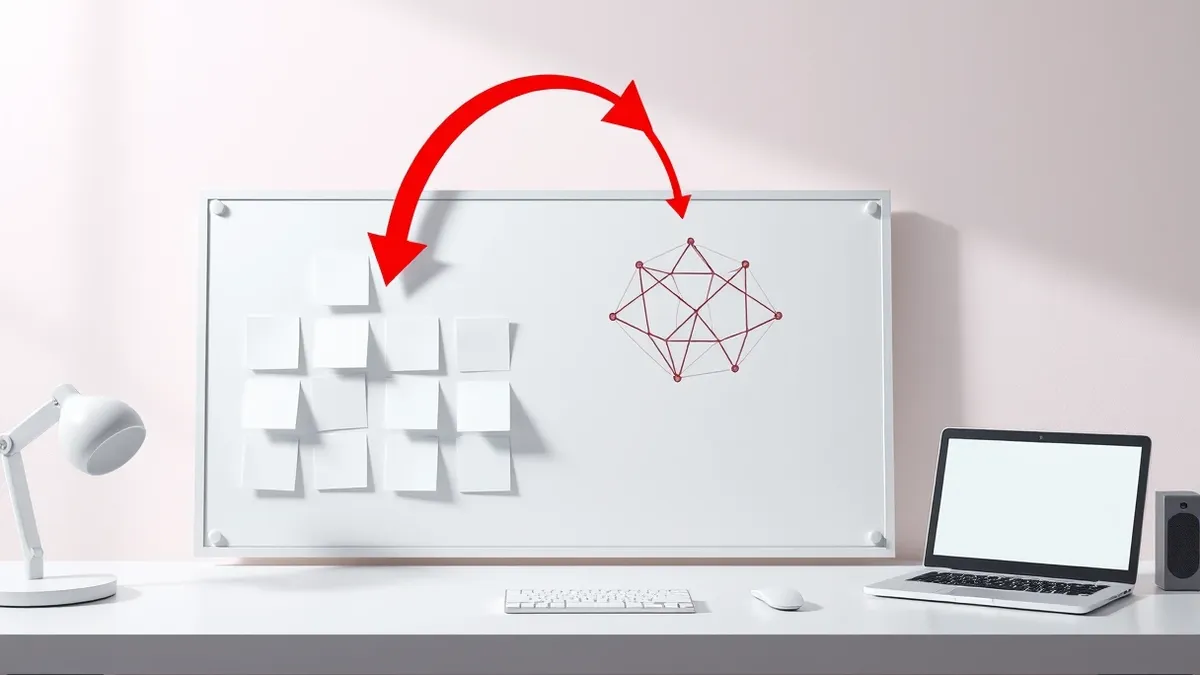 Illustration: A minimalist white task board sits on a desk, its blank sticky notes arranged in neat columns.