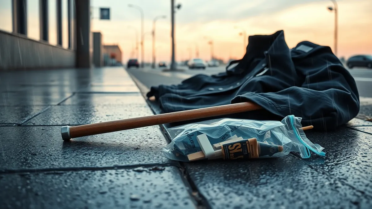 Illustration: A heavy black uniform jacket lies crumpled on wet pavement next to a broken police baton.