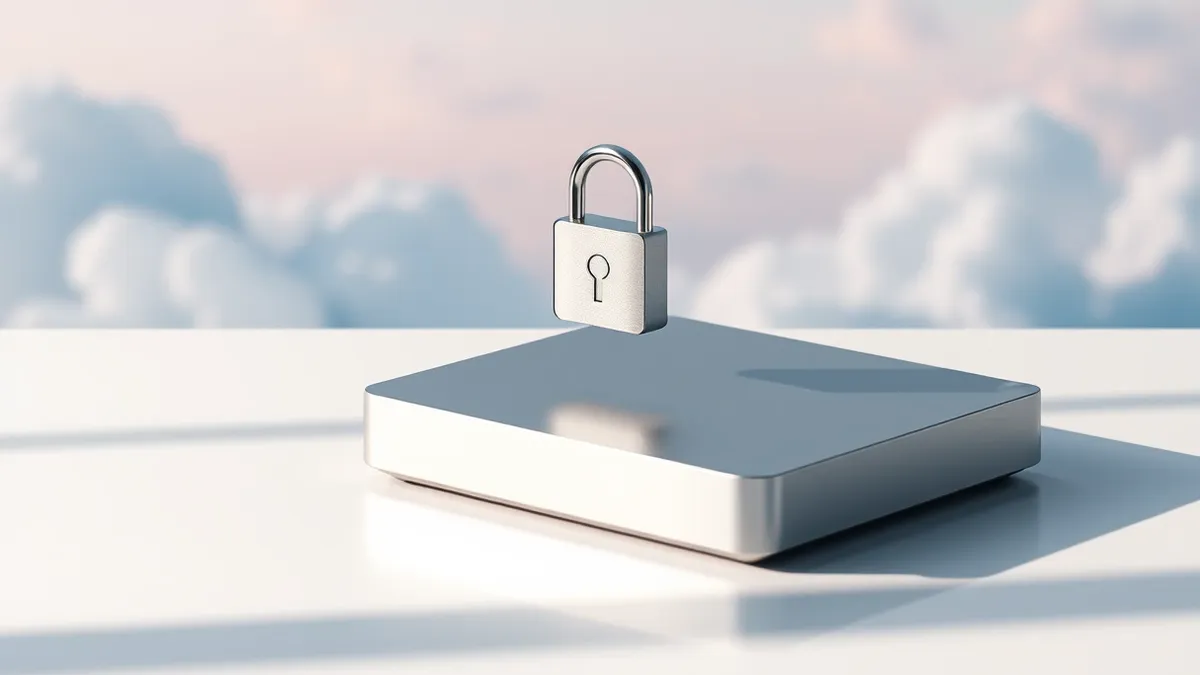 Illustration: A sleek silver external hard drive rests on a clean white desk.