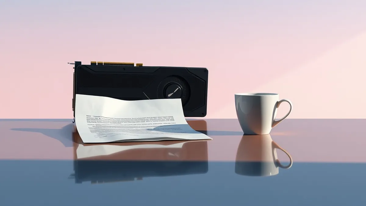 Illustration: A sleek black graphics card sits alone on a polished desk next to a crumpled resignation letter.