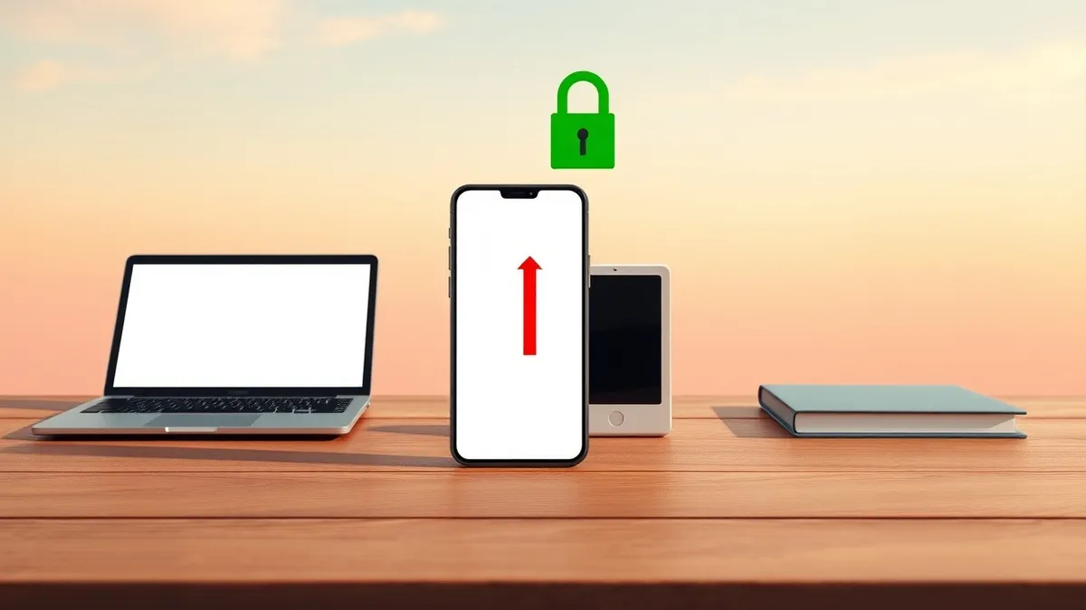 Illustration: A wooden desk holds a smartphone displaying a blank white screen with a single red upward arrow.