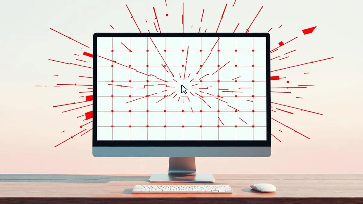 Illustration: A blank computer monitor sits on a wooden desk, displaying a grid of chaotic, jagged red lines that violently distort the clean white background.