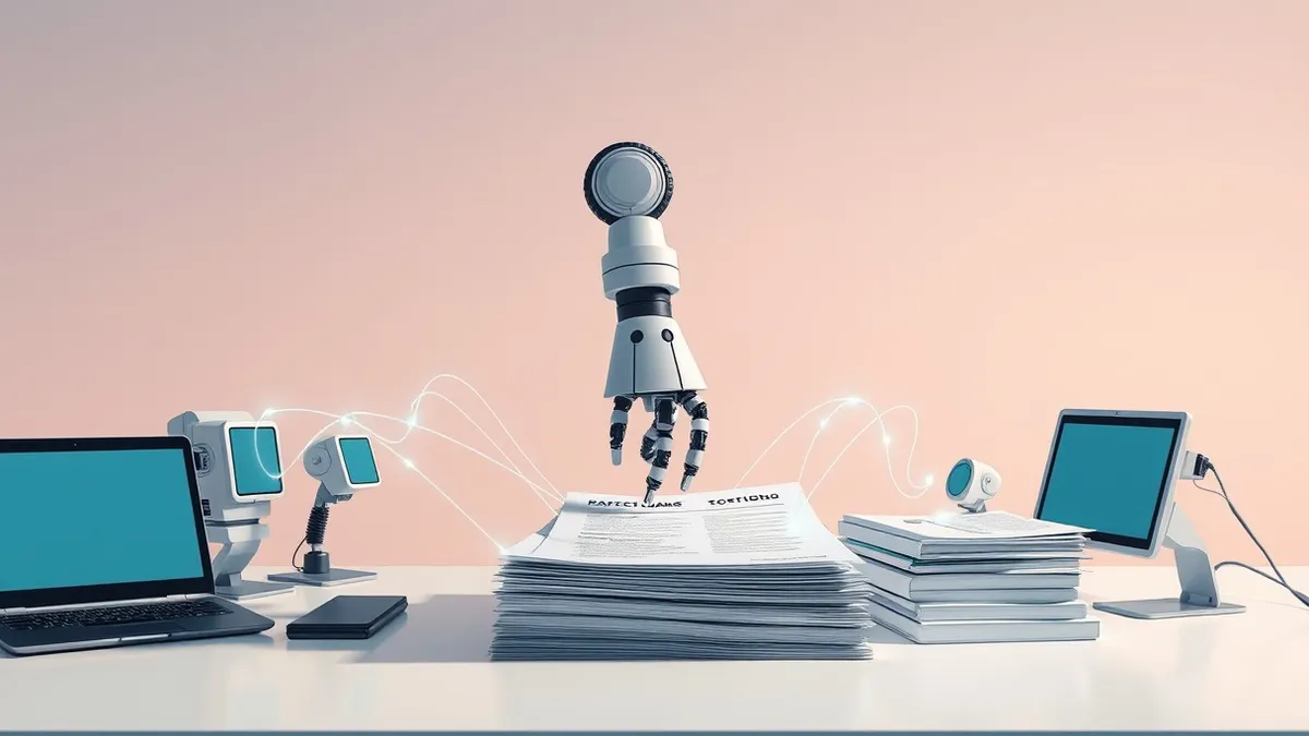 Illustration: A sleek autonomous robot arm hovers over a stack of blank loan application forms on a clean desk.