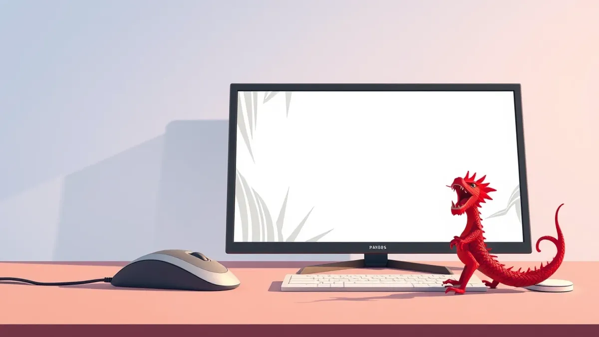 Illustration: A generic computer mouse sits beside a blank monitor displaying abstract jagged lines, while a small red dragon figurine perches ominously on the desk corner, symboli