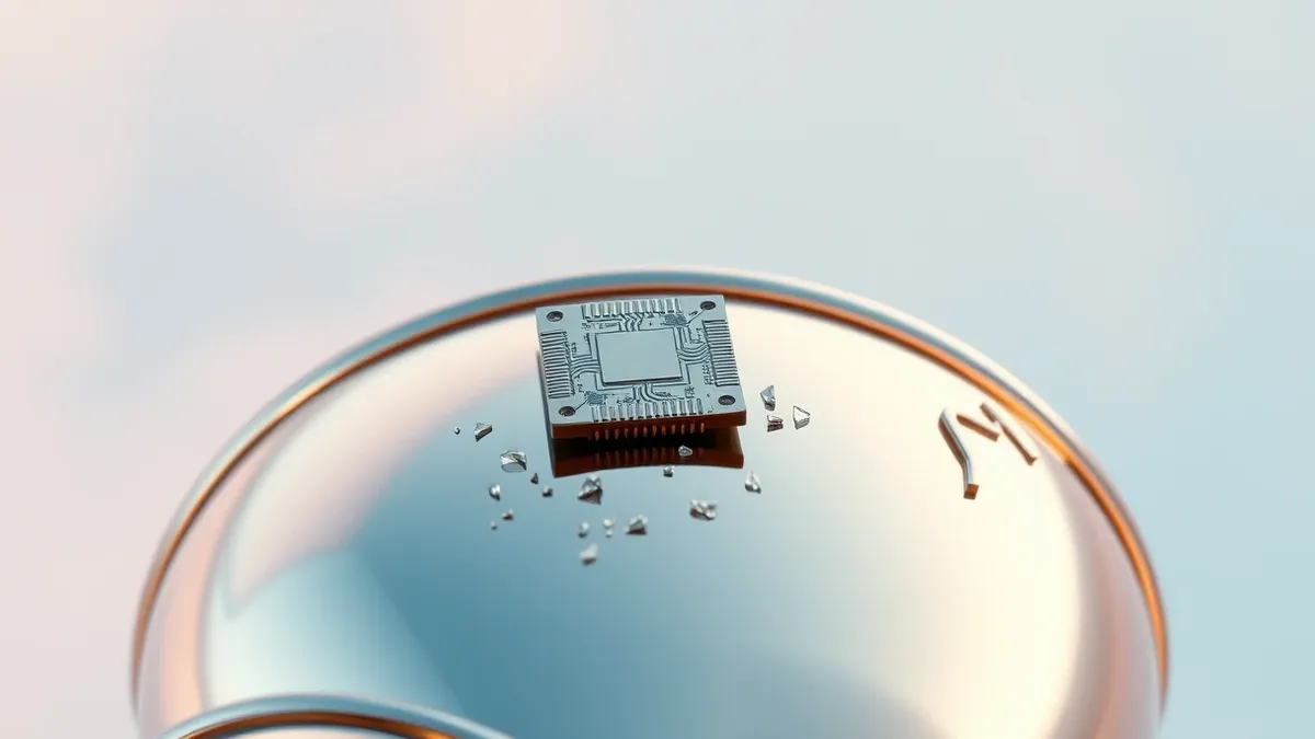 Illustration: A small, silver microchip rests on the polished surface of a gleaming metal trophy cup.