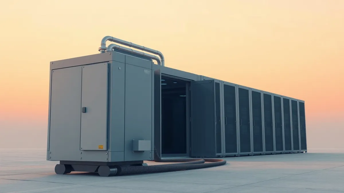 Illustration: A solid fuel cell module sits beside a thick power cable leading to a dark server room doorway.
