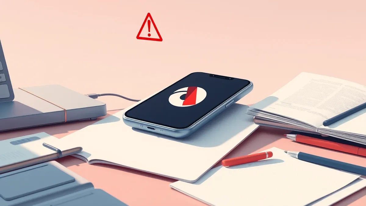 Illustration: A sleek smartphone rests on a cluttered desk, displaying a browser icon with a subtle glitch in its design.