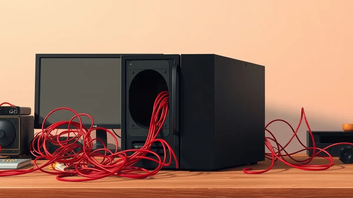 Illustration: A black server box sits on a cluttered desk next to a tangled mess of red cables.