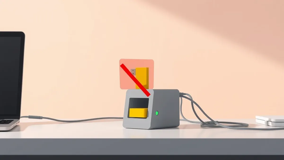 Illustration: A gray metal docking station sits on a clean desk with a yellow USB flash drive hovering just above its empty port.
