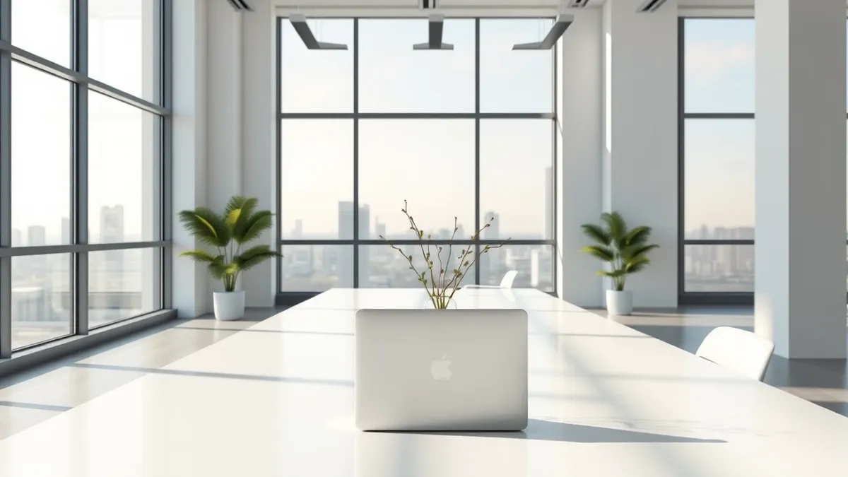 Illustration: A sleek, modern office interior features a clean desk with a closed laptop and a minimalist vase holding fresh green stems.