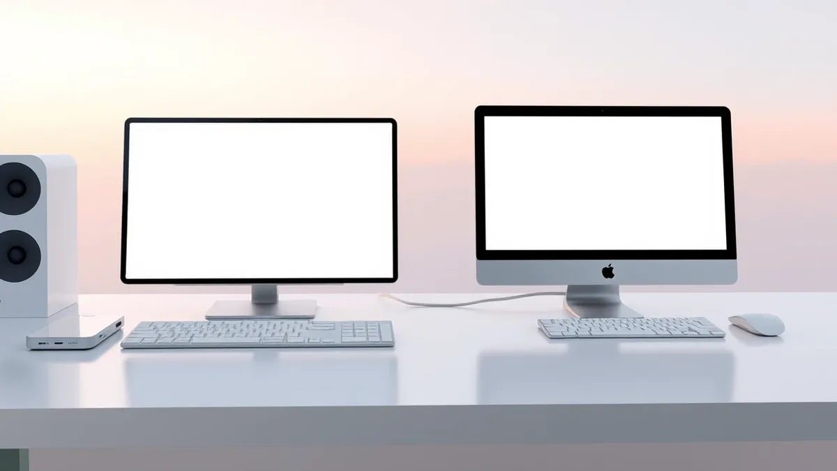 Illustration: A silver smartphone and a sleek desktop computer rest side by side on a clean white desk, their blank screens reflecting soft ambient light, symbolizing the synchroni