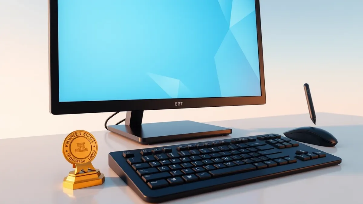 Illustration: A sleek black security console sits on a clean desk, its surface reflecting soft blue light from abstract geometric patterns on the blank monitor.
