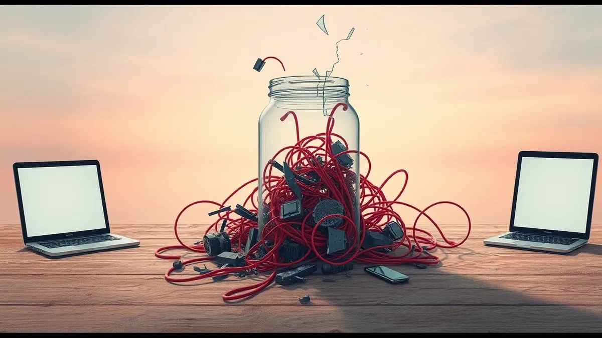 Illustration: A cracked glass jar sits on a dusty wooden table, spilling tangled red wires and jagged black shards.