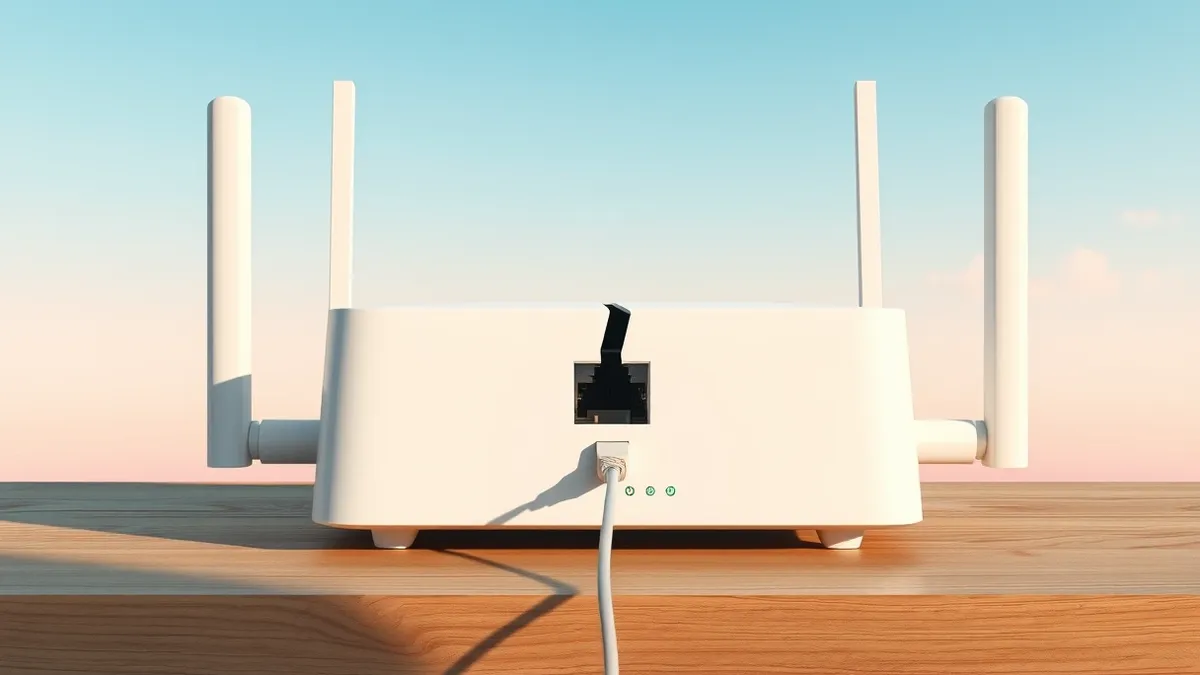 Illustration: A white router sits on a wooden desk with its cable unplugged, revealing the open port.